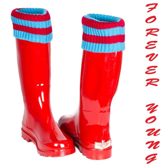 Women's Rainboots, Tall Rain Boots with Knit Cuff, #1807, Red - Picture 1 of 6